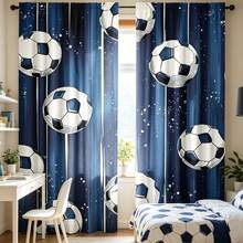 2pcs Navy Blue & White Football Printed Curtains, High-Definition Digital Printing, Rod Pocket Installation, 100% Polyester, 90g/Sq.M, Suitable For All Seasons, Light Filtering, Privacy Protection, Anti-UV Decorative Curtains - Multicolor - View 7