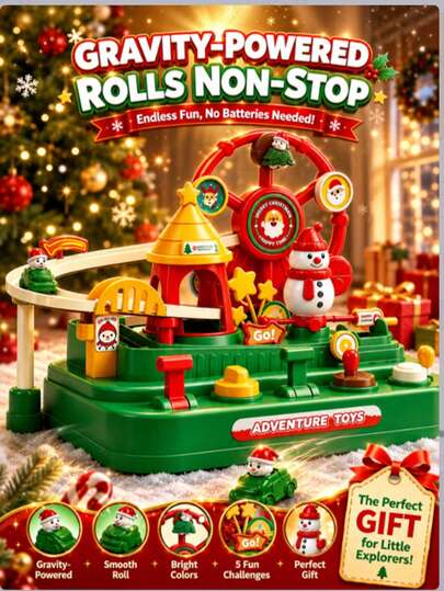 Children's Christmas Theme Adventure Track Set: Inertia Glide Car And Ferris Wheel Educational Toy, Holiday Gift For Boys And Girls
