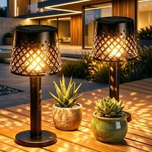 1/2pcs Solar Powered Plastic Hollow Table Lamp, Vintage Outdoor Atmosphere Light, Garden Patio Balcony Camping Decor Light, Automatic Switch - Table Lamp - View 1
