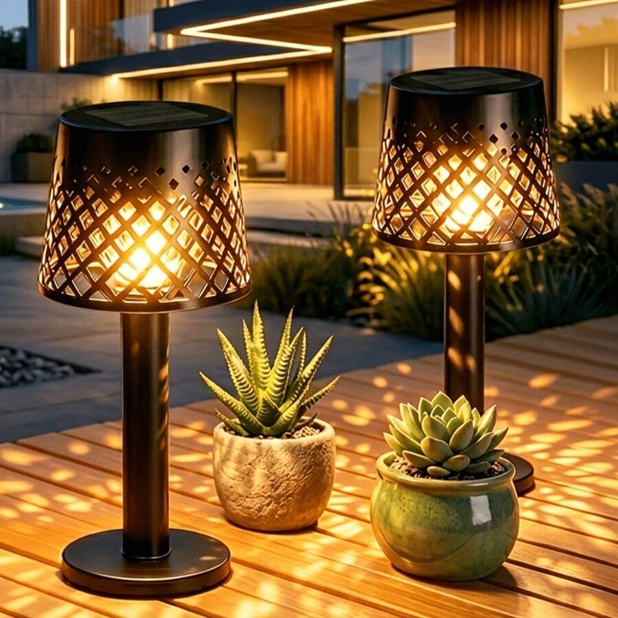 1/2pcs Solar Powered Plastic Hollow Table Lamp, Vintage Outdoor Atmosphere Light, Garden Patio Balcony Camping Decor Light, Automatic Switch - Table Lamp - View 1