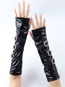 Sarung Tangan Kulit Paten Baru dengan Gesper Logam Hitam, Gaya Punk Gelap, untuk Pesta Dansa, dan Menari, dengan Paku Keling. - A - View 4