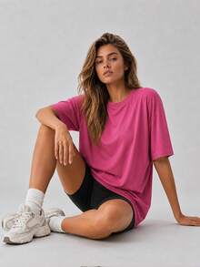 Women's Loose Oversized Dropped Shoulder Purple Solid Color T-Shirt Short Sleeve Round Neck Top Summer Casual Shirt Y2K 2026 Basic Style - Purple - View 6
