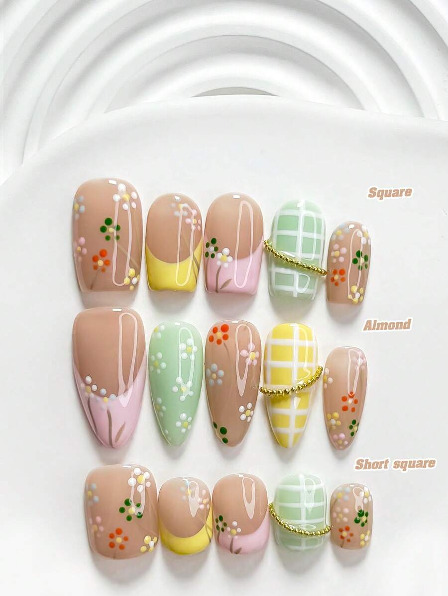 10 Buah Kuku Tempel Buatan Tangan Gaya Pastoral Segar, Set Kuku Polygel, Bunga Kecil, Rantai, Warna Pink, Kuning dan Hijau, Gaya Lukisan Tangan yang Indah, Termasuk Alat Kuku, Tersedia 3 Ukuran, Persegi, Persegi Pendek, Almond, Kuku untuk Pesta, Dansa, dan Pemakaian Sehari-hari. - MultiWarna - View 1
