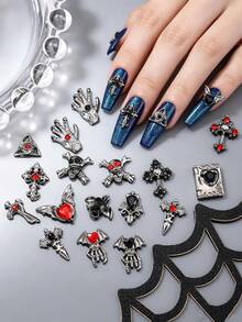 10pcs Dark Gothic Style Alloy Cross Nail Art Charms, European And American 3D Glitter Skull & Heart Nail Gem Decorations, Rhinestone Nail Accessories, Y2K Multi-Functional DIY Nail Decor, False Nail Art Supplies, Summer Nail Art Accessories - Multicolor - View 1