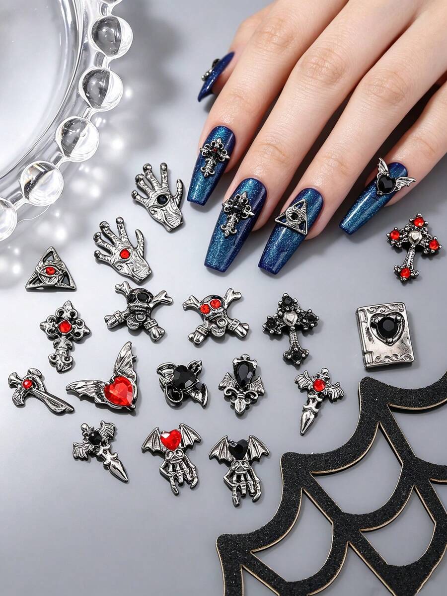 10pcs Dark Gothic Style Alloy Cross Nail Art Charms, European And American 3D Glitter Skull & Heart Nail Gem Decorations, Rhinestone Nail Accessories, Y2K Multi-Functional DIY Nail Decor, False Nail Art Supplies, Summer Nail Art Accessories - Multicolor - View 1