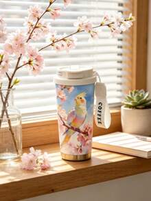 1件/5件 500ml 防漏不鏽鋼保溫咖啡杯，附翻蓋與「COFFEE」杯帶，可愛鸚鵡與櫻花圖案，適用冷熱飲，鳥類愛好者完美禮物，冰咖啡適用 - 多色-櫻花小鳥 - 查看 2