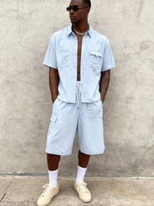 Men's Casual Summer Light Blue Utility Shirt AndBermuda Shorts Set, Fresh Outfit - Baby Blue - View 6