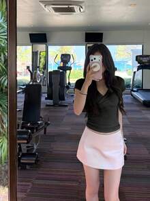 女款夏季休閒V領短袖修身彈性T恤上衣 黑色 - 黑色 - 查看 5