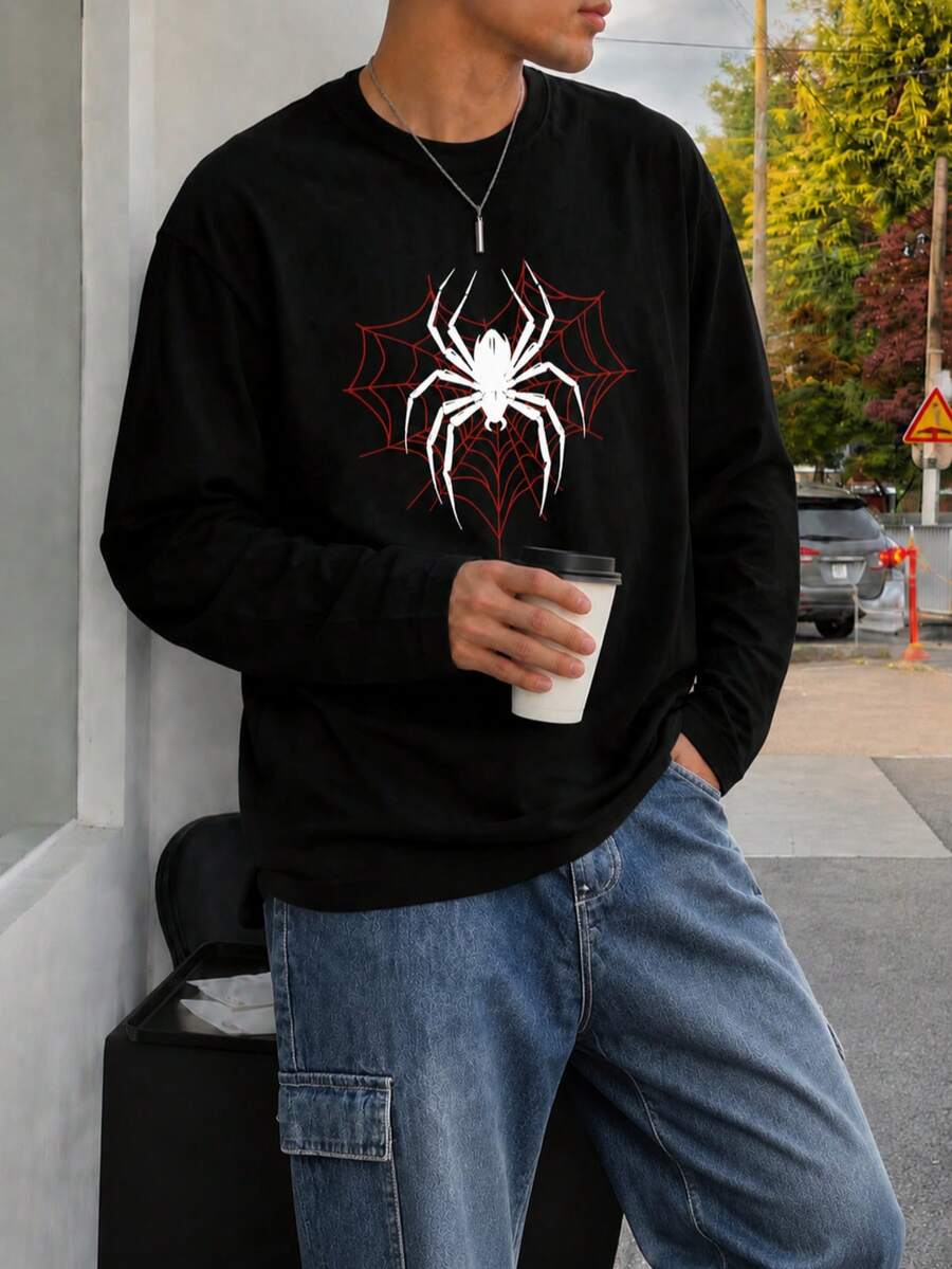 Men's Printed Crew Neck Long Sleeve Loose Fit T-Shirt - Black - View 1