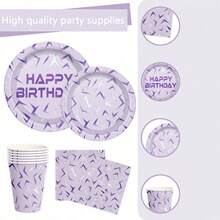 10/20/50/80pcs,Kpop Lavender Purple Lightning Happy Birthday Disposable Tableware, Purple Laser Energy Pattern Geometric Thunder Print 7inch & 9inch Paper Plates,Cups And Napkins For Purple Theme Birthday Party Supplies - Multicolor - View 6