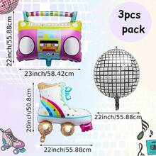 3er Set bunte Rollschuhe im Disco-Stil, Partydekoration aus Aluminiumfolie, Ballons - Übersicht 3