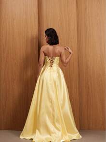 Women's Strapless Long Party Dress In Glossy Zibeline Fabric With Padded Cups And Adjustable Back | For Graduation, Wedding, And Bridesmaid - 黃色 - 查看 2