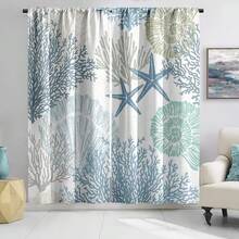 2 pièces Rideaux à motif d'étoile de mer corail, style océanique frais, rideaux imprimés à plat 2D, tissu 100% polyester, style poche à tringle, translucide, sans doublure, rideaux d'été, rideaux de salon, rideaux de chambre, rideaux uniquement, accessoires non inclus - Multicolore - Voir 2