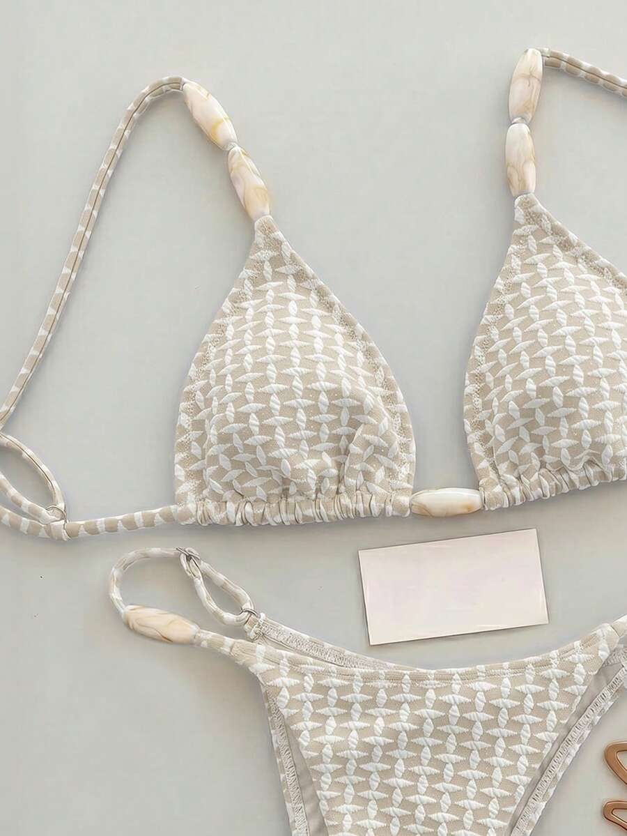 Bikinx 女款波希米亞風紋理布料串珠細肩帶比基尼套裝，時尚優雅海灘泳衣，度假夏季款 - 杏色 - 查看 1