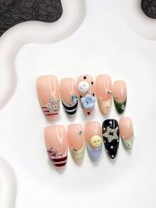 10pcs/Set Playful & Cute Handmade Press-On Nails, Poly Gel Nail Set, Star & Button Decor, Striped & Polka Dot, Yellow/Blue/Pink/Green Nail Polish Colors, Casual Style, Includes Nail Tools, 3 Sizes Available, Almond/Duck/Coffin Shape, Suitable For Party, Dancing, Daily Wear - 彩色 - 查看 15