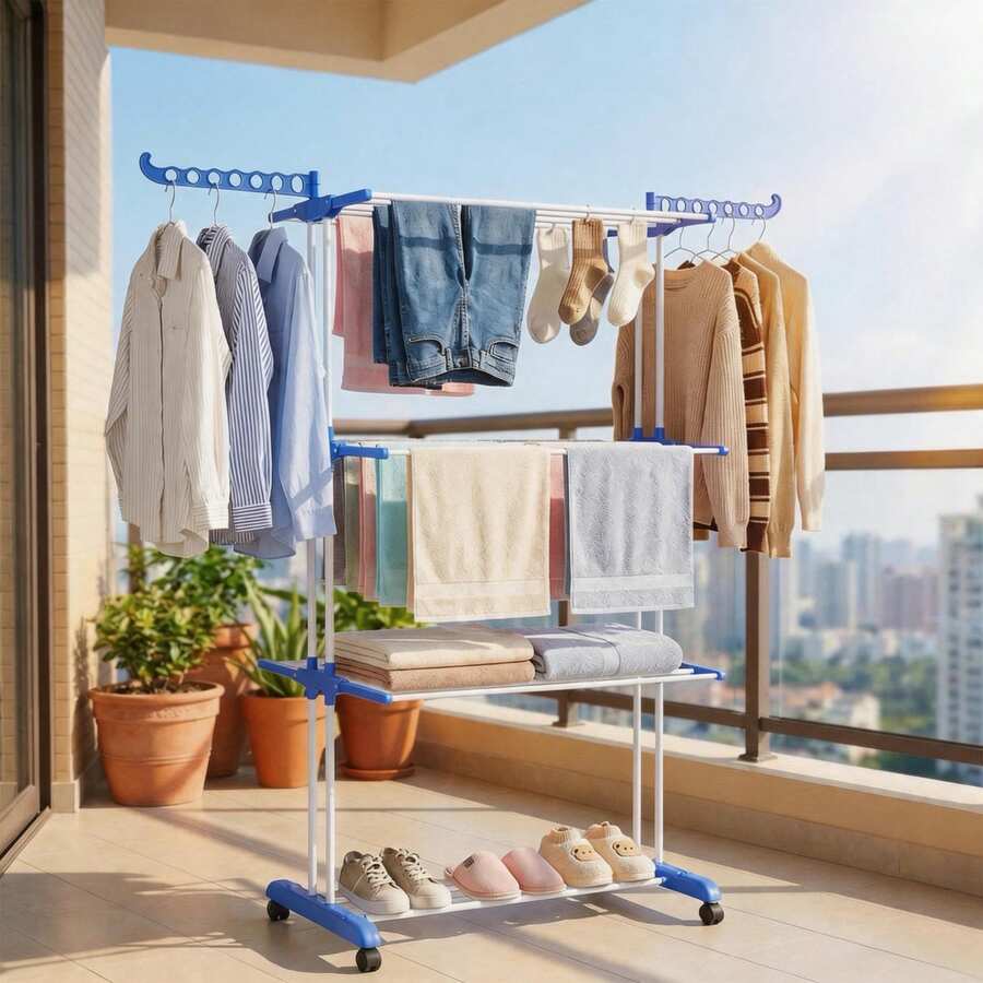 Foldable 3-Tier Drying Rack With Wheels, Large Capacity Laundry Rack, Home Storage Helper - Blue and White - View 1