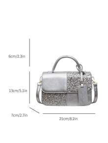 Women's Square Handbag, Dual-Color Plaid Patchwork Design, Fashionable Elegant Minimalist, Crossbody Shoulder Bag, Silver - Silver - View 10
