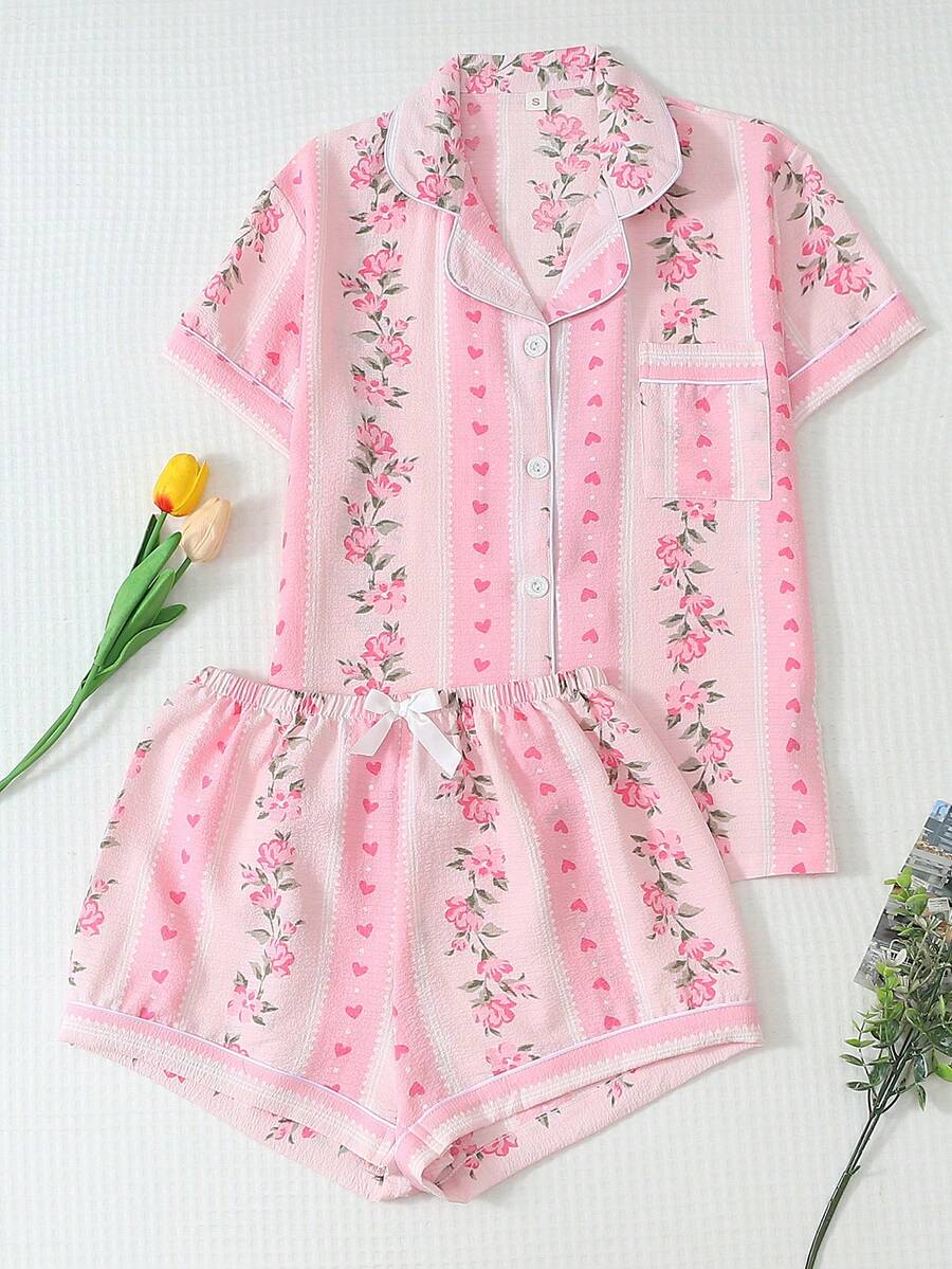 2pcs Set Comfortable Minimalist Pink Striped Floral Print Short Sleeve Pocket Collared Top And Bow Shorts Women's Pajama Set Loungewear - Pink - View 1
