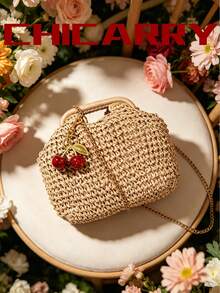 Summer Women's Khaki Woven Straw Bag, Cherry Charm, Beach Fashion Elegant Chain Crossbody Bag, Vintage Hollow Handbag Beach Bag, Creative Clasp Hardware, Summer Bridal Bag, Women's College Student Bag, Suitable For Parties, Shopping, Vacation, Crochet Bag - Khaki - View 4