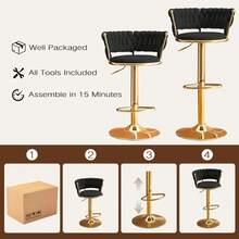Bar Stools Set Of 2, 360° Swivel Velvet Counter Height Bar Chairs With Woven Backrest, Plush Upholstered Seats & Gold Metal Legs Furniture For Kitchen Island Dining Room Home Bar, Black - Black Set Of 2 - View 10