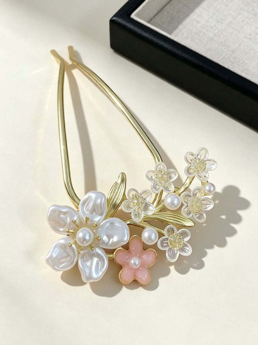 1件珍珠花朵髮簪,仙氣透明花朵珍珠髮夾,法式溫柔U型髮簪,日常/宴會復古奢華盤髮飾品,女用古風漢服百搭氛圍髮飾,髮髻延伸飾品 - 彩色 - 查看 1