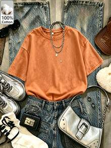 Women's Casual Knitted Short Sleeve T-Shirt, Distressed Orange Round Neck, Cute & Elegant Top, Suitable For Autumn Wear, Medium Stretch Fabric, Outdoor, Y2K, Street Style - Orange Red - View 8