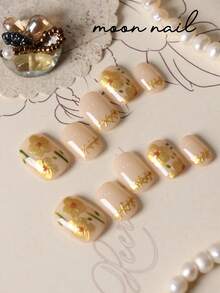 10pcs Press On Nails Yellow Flower Green Leaf Nails Press On Nail Supplies Short Nails Fake Nails Artificial Nails Kit Includes 1sheet Adhesive Tabs &1 Pc Mini File - Multicolor - View 3