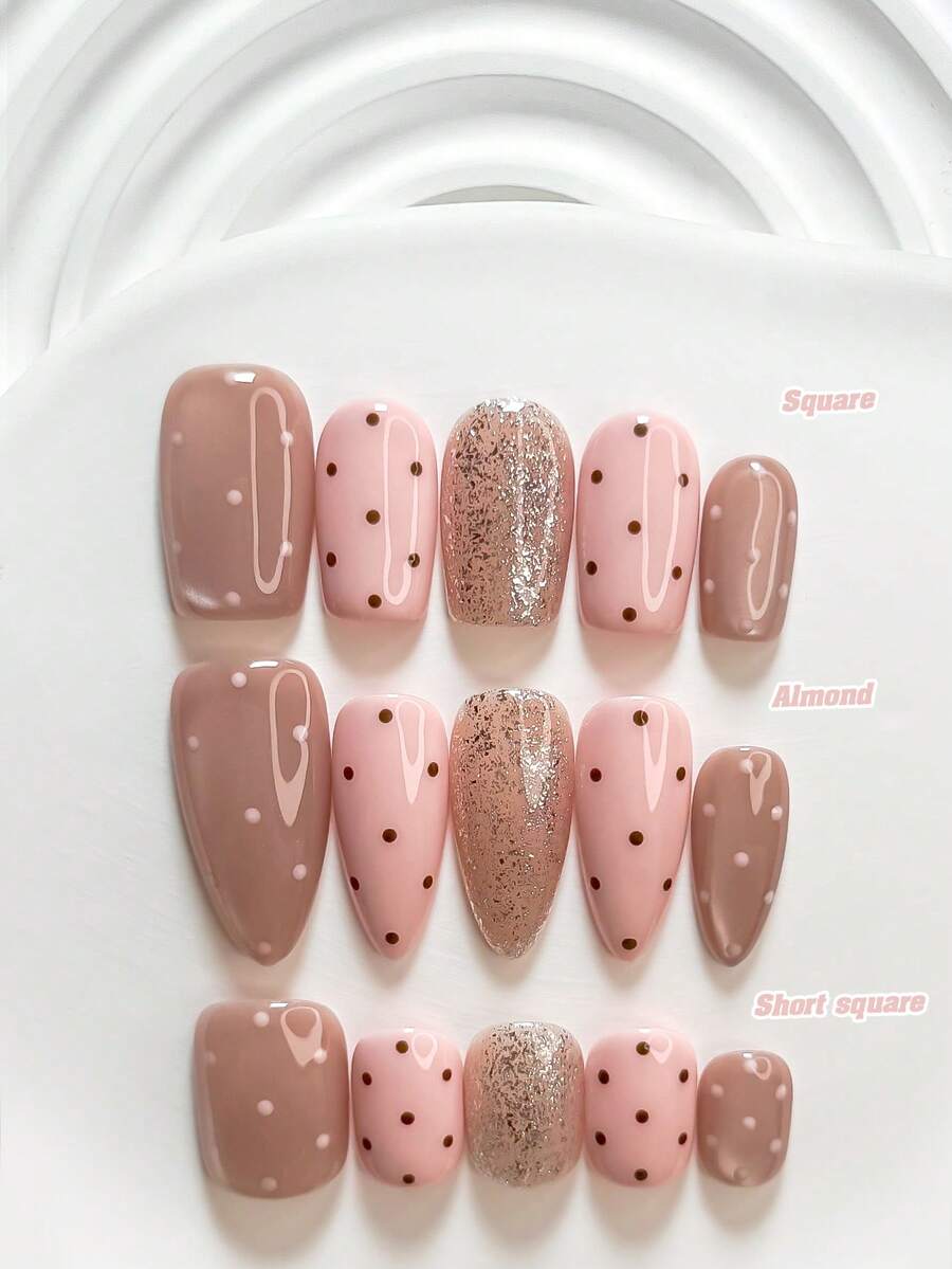 10片裝軟甜風手工穿戴甲,波點粉色 Poly Gel 凝膠美甲套組,清新韓系風,附美甲工具,3種尺寸可選,方型/短方型/杏仁形,適合派對、跳舞、日常配戴 - 彩色 - 查看 1