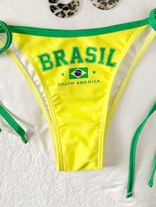 Y2K BRASIL 字母印花掛脖比基尼套裝 綠色滾邊 側綁帶 高衩 海灘泳衣 度假夏季款 - 黃綠色 - 查看 7