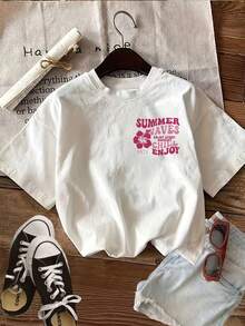 Oberteile, T-Shirt mit Grafikdruck, Kurzarm-Rundhals-Freizeitoberteil, geeignet für Sommer- und Frühlingskleidung, Damenstil - Weiss - Übersicht 3