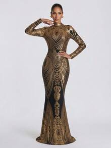 Elegant Stand Collar Long Sleeve Black & Gold Geometric Sequin Patchwork Mermaid Party Evening Dress (Front Top Half, Back Random Floral Pattern, Not Matched Placement) - Black - View 4