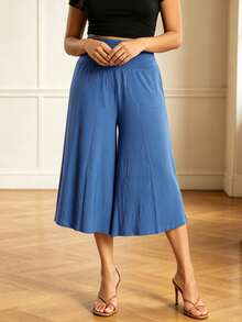 Womens High Rise Capri Pants Elastic Waist Solid Color Loose Fit Cropped Pants Trousers - Blue - View 2
