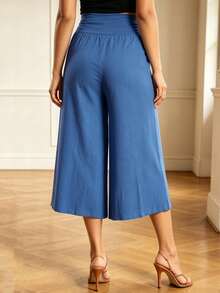 Womens High Rise Capri Pants Elastic Waist Solid Color Loose Fit Cropped Pants Trousers - Blue - View 4