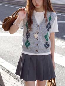 Alicedudu Cardigan Vest Rajut Minimalis Kasual Musim Gugur untuk Wanita dengan Motif Bunga dan Warna Kontras - Grey - View 4