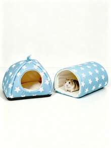 2pcs Blue Star Pattern Hamster Bed, Guinea Pig Tunnel, Rabbit Hideout, Washable Small Pet Warm Nest With Guinea Pig Tunnel, Rabbit Hideout Cage Accessories Set, Suitable For Hamsters, Ferrets, Rabbits - Baby Blue - View 1