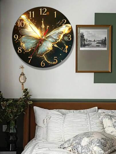2D Design 1pc Black & Gold Glowing Butterfly Abstract Art Wooden Wall Clock, Modern Fashion, Exquisite Decor For Living Room, Study, Bar, AA Batteries Not Included, Ideal Holiday Gift