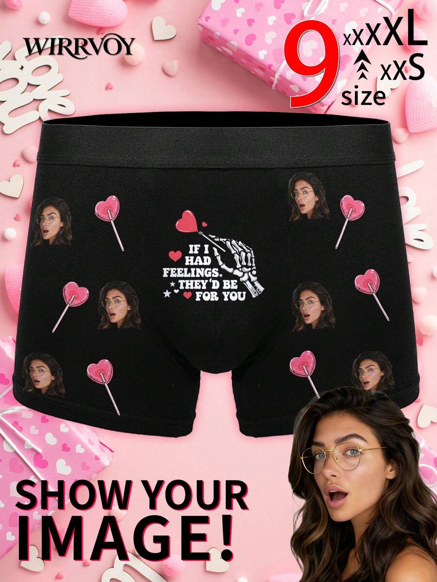 1Pc Custom Skeleton Quote Boxer Briefs For Men,Personalized Photo Underwear,Gothic Romantic Gift For Him, Pink Lollipop Design,For Husband / Boyfriend - Black - View 1