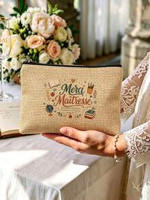 Bolsa de maquillaje impresa para maestros – Diseño "Merci Maîtresse" (Gracias, maestra), con libros, manzanas y plumas estilográficas – Bolsa de almacenamiento lavable - Ver 4