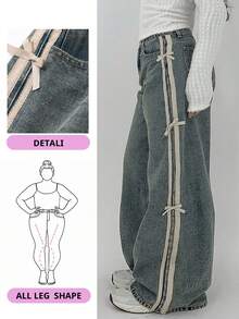 Plus Pantalones vaqueros de pierna ancha con lazo y parches de color, pantalones vaqueros casuales para mujer, para todas las estaciones - Azul lavado medio - Ver 1