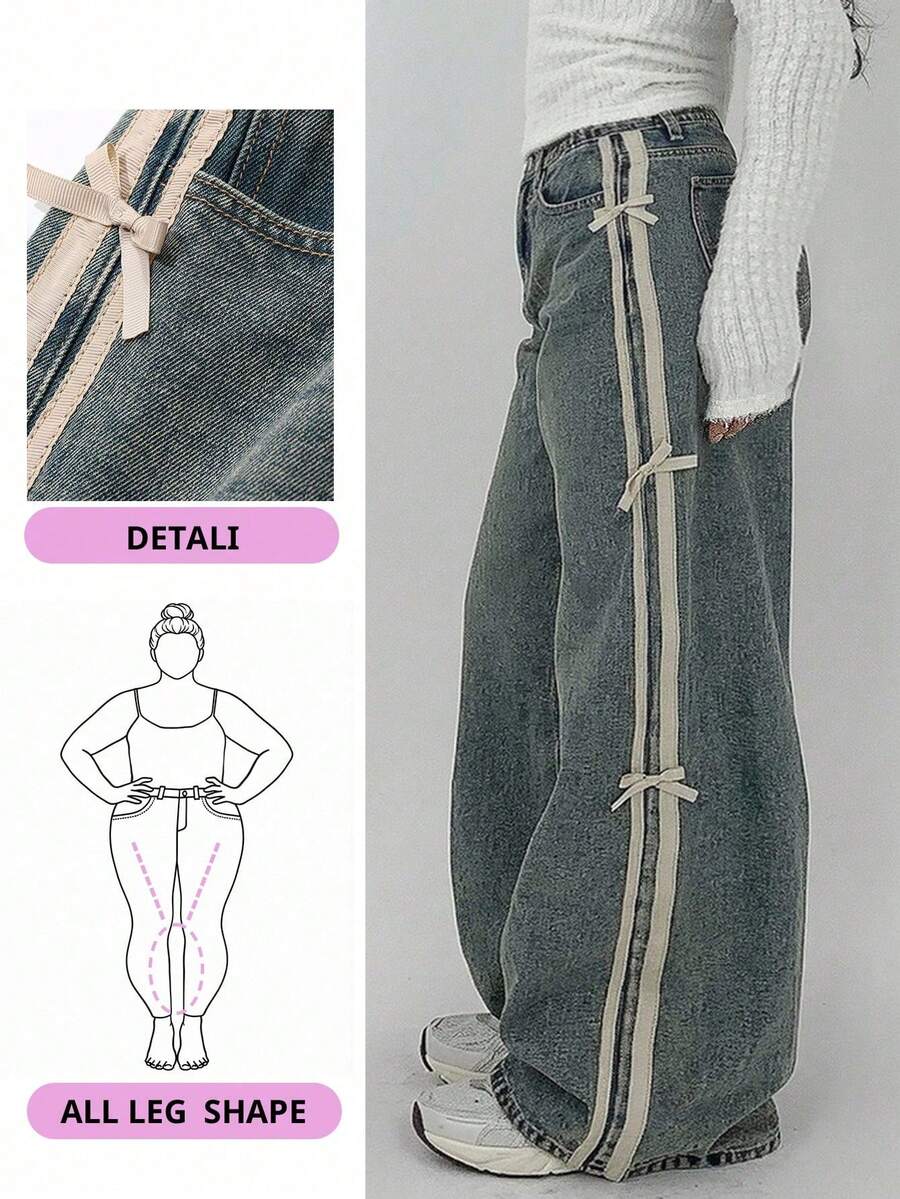 Plus Pantalones vaqueros de pierna ancha con lazo y parches de color, pantalones vaqueros casuales para mujer, para todas las estaciones - Azul lavado medio - Ver 1