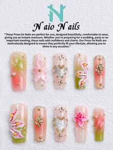 NAIO 10片/組手工穿戴甲，3種尺寸：棺材形/杏仁形/短方型，Y2K浪漫風，漸層花卉美甲，附3D玫瑰與愛心設計，水鑽與珍珠裝飾，適合女性女孩，日常使用與派對，女士美甲用品禮物 - 彩色 - 查看 4