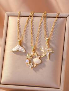 1pc Exquisite Classic Faux Pearl Shell, Starfish, Double Fish Stainless Steel Women's Necklace, Fashion Minimalist Clavicle Chain, Pendant Inlaid, Perfect Gift, Marine Life Necklace, Sparkling Beach Accessory, Ocean Theme Series - Gold - View 1