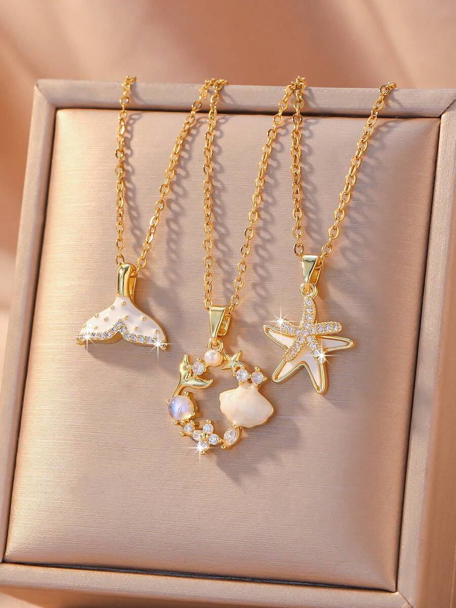 1pc Exquisite Classic Faux Pearl Shell, Starfish, Double Fish Stainless Steel Women's Necklace, Fashion Minimalist Clavicle Chain, Pendant Inlaid, Perfect Gift, Marine Life Necklace, Sparkling Beach Accessory, Ocean Theme Series - Gold - View 1