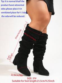 Women's Wide Fit Plus Size European Style Ruched Chunky Heel Knee-High Boots, Vintage Versatile Slouchy Boots, Faux Suede Fashion Mid-Heel Riding Boots, Wide Fit High Heels - Black Cloth Folds - View 3