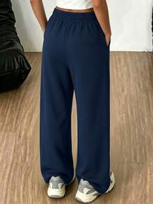 1件女款純色休閒戶外寬鬆運動百搭抓絨內裡長褲 - 藍色 - 查看 2