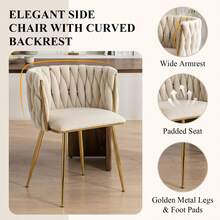 Modern Velvet Dining Chairs Set Of 2 Hand Weaving Accent Chairs Living Room Chairs Upholstered Side Chair With Golden Metal Legs For Dining Room Kitchen Vanity Living Room - Beige - View 7