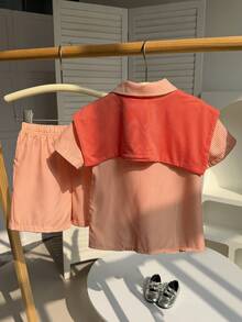 小男孩小女孩夏季女童休閒學院風翻領黃白條紋短袖襯衫，黑色刺繡細節+披肩裝飾+配套長褲3件套，適合日常戶外、上學、通勤、度假 - 亮橙色 - 查看 2