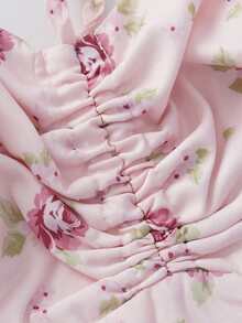 Perirose Women's Pink Floral Cottagecore Sweetheart Neck Ruched Bust Tie Front Wide Strap Fit And Flare Midi Dress Summer Fall Garden Party Vacation - Pink - View 9