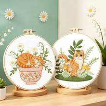 2 Styles Cute Daisy Cat Handmade Embroidery DIY Material Kit, Beginner-Friendly Healing Craft Decor - Multicolor - View 2