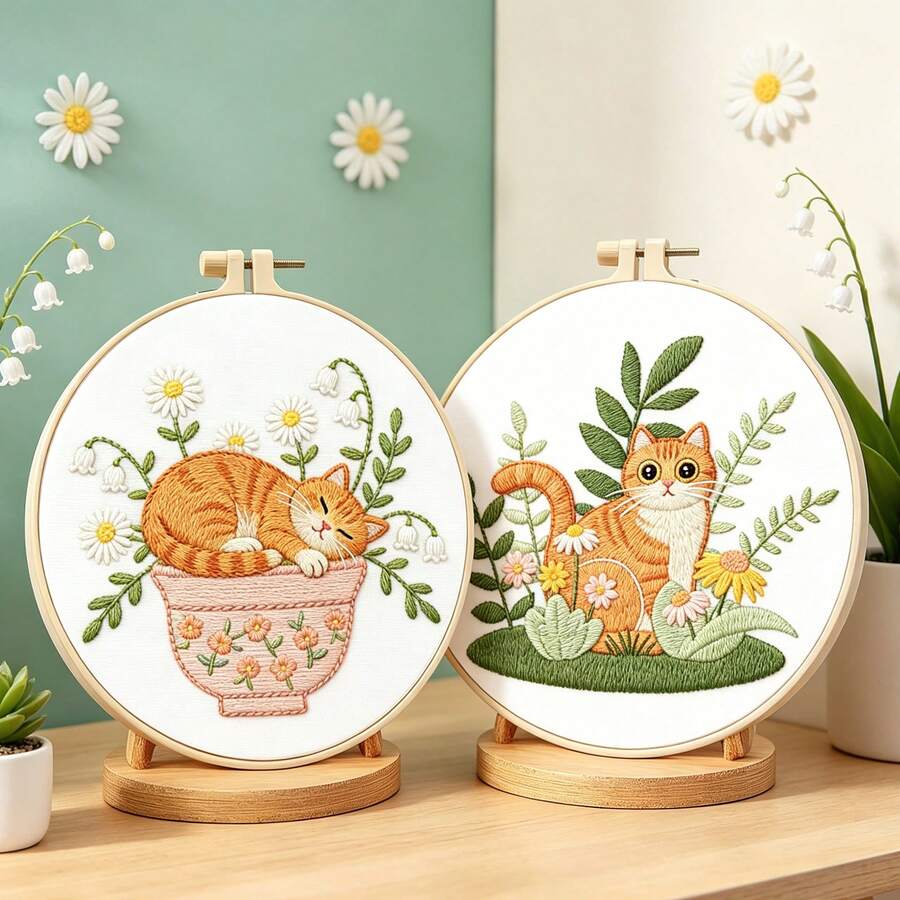2 Styles Cute Daisy Cat Handmade Embroidery DIY Material Kit, Beginner-Friendly Healing Craft Decor
